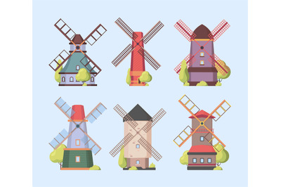 Windmill. Holland dutch authentic constructions windmills vector colle