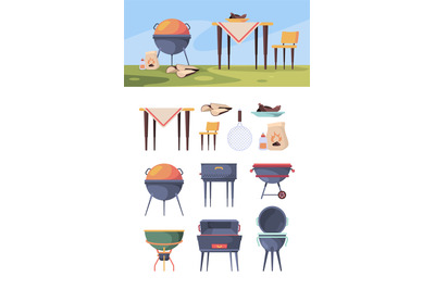 Bbq stand. Picnic grill steak in summer outdoor party kitchen items fo