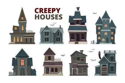 Horror house. Halloween scary gothic village buildings with spooky vec