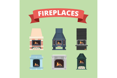 Fireplace. Retro gas stove flame decoration in interior vector flat pi