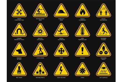 Yellow warning symbols. Triangle signs with danger symbols attention c