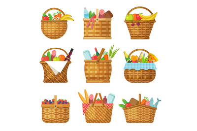 Basket with products. Handcraft picnic hamper with various food vegeta