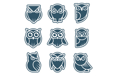 Owl logo. Stylized wild animal symbols bird face with feathers vector