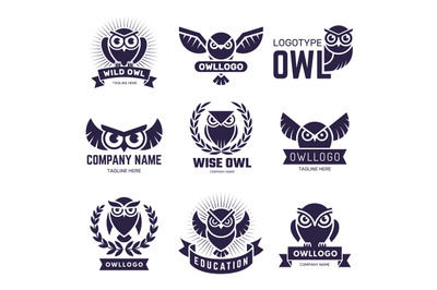 Owl badges. Flying birds with feathers wild animals emblems or logos v