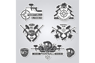 Paintball labels. Sport badges active games with gun and paint shooter