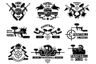 Paintball badges. Sport shields with gun paint shooter with weapons an