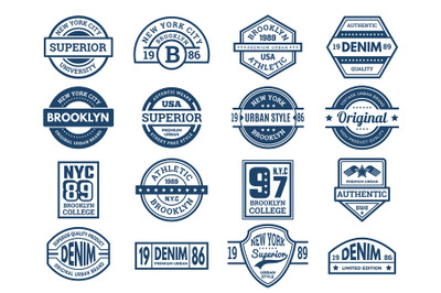 Jeans emblems. Vintage typography labels urban style wear patches spor