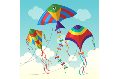 Kite in cloud. Flying outdoor air kite vector funny toys for kids vect