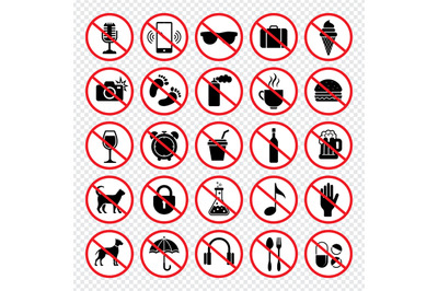 Prohibiting signs. Forbidden eating guns animals mobile phones eat chi