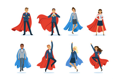 Business superheroes. Successful managers and bosses male and female p