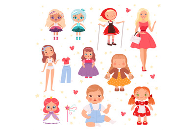 Dolls toys. Cute playing model for kids joyful toys vector set