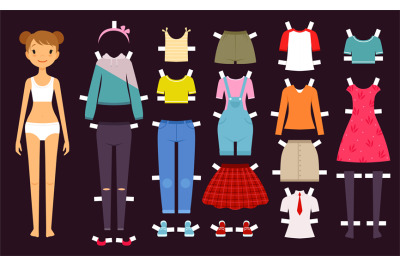 Paper doll. Cute toys female doll with various wardrobe clothes fashio