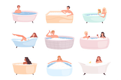 Bathtub characters. People taking bath water relax therapy in foam hap