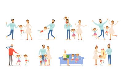 Family characters. Happy kids with parents in action poses father chil