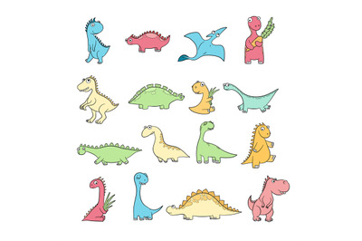 Cute dinosaurs. Set of funny wild ancient reptiles pterodactyl diplodo