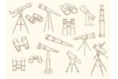 Telescope hand drawn. Retro gadgets for explorer people military optic