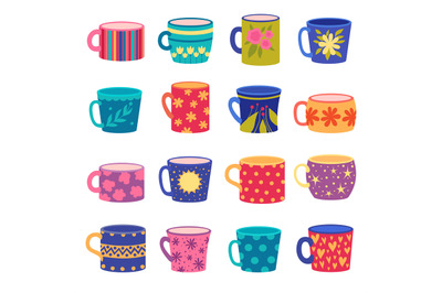 Ornaments cup. Trendy handy crafted colored cups with floral and geome