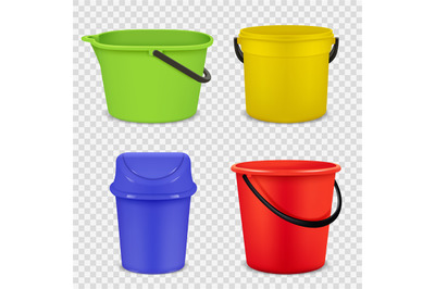 Realistic buckets. Metal and plastic material for water or garbage emp