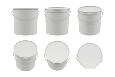 Plastic containers. Empty white buckets mockup vector packages collect