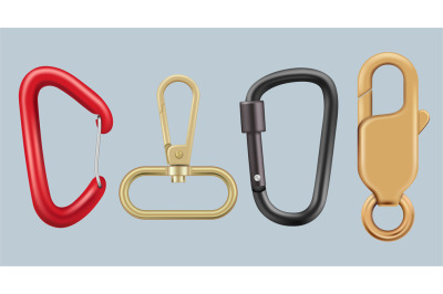 Hiking carabiner. Metal hook keys lock hardware vector realistic templ