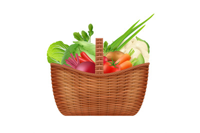 Vegetables basket. Realistic picnic decorative container basket for na