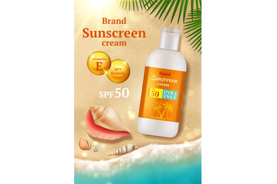 Sunscreen ads poster. Beauty cosmetic sunblock sand water and seashell