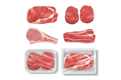 Realistic meat. Cow chicken pork steak grill food beef raw vector illu