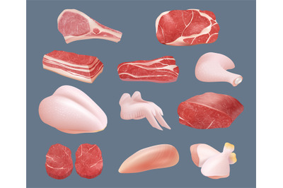 Raw meat. Plastic transparent packages with beef chicken pork and stea