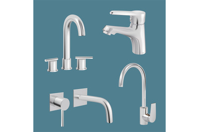 Water tap realistic. Aqua chrome kitchen utensil vector tap