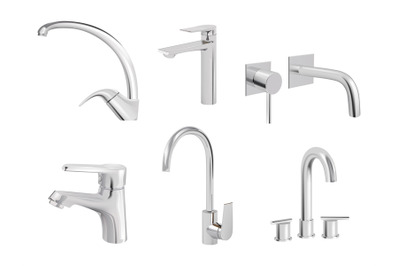 Water chrome tap. Kitchen tools plumbing accessories vector realistic