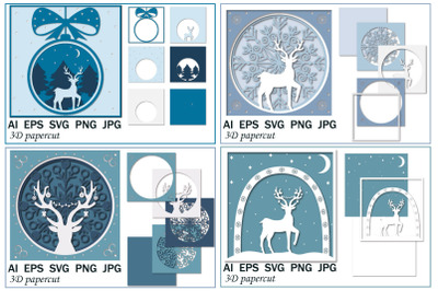 3D greeting card&2C; Christmas deer&2C; multi-layered illustration