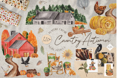 Country Autumn Watercolor. Harvest, pumpkins, digital papers