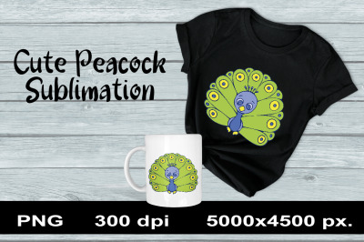 Cute Peacock Sublimation PNG Design. Animal Clipart.