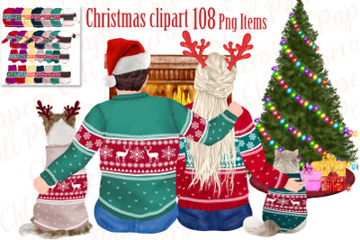 Christmas Bundle clipart, family Matching Sweaters Dog cat