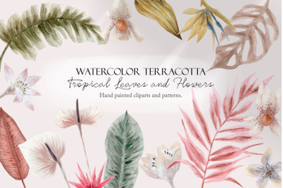 Terracotta Tropical Flowers and Leaves. Clipart and Patterns