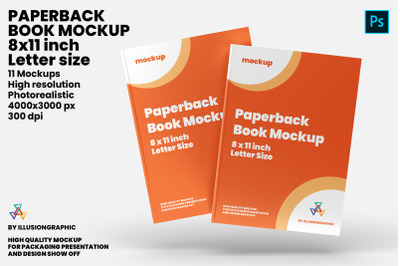 Paperback Book Mockup 8x11 inch Letter Size - 11 Views