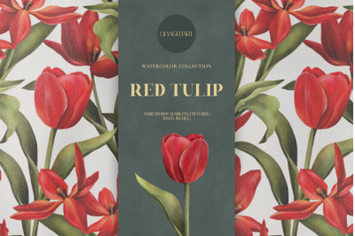 Red tulip. Watercolor pattern set.