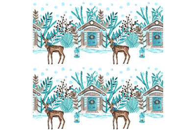 Winter watercolor seamless pattern. Snowy house, deer, flora, lantern.