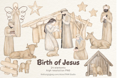 Religious Christmas Boho Clipart  Nativity Watercolor Clipart