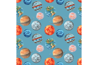 Solar system watercolor seamless pattern. Space, planets, universe