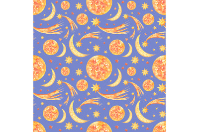 Stars watercolor seamless pattern. Space. Sun, star, comet.