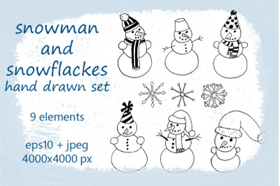 snowman and snowflackes hand drawn set