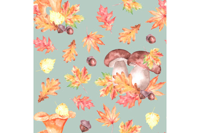 Fall, mushroom, leaf watercolor seamless pattern. Chanterelle, boletus