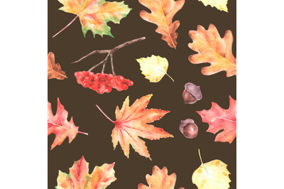 Leaf fall watercolor seamless pattern. Maple, oak, birch leaves.