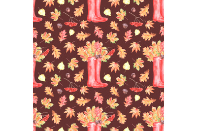 Autumn walk watercolor seamless pattern. Leaf fall. Red rubber boots