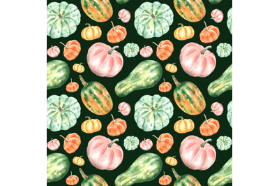 Pumpkin, squash watercolor seamless pattern. Thanksgiving. Farmer