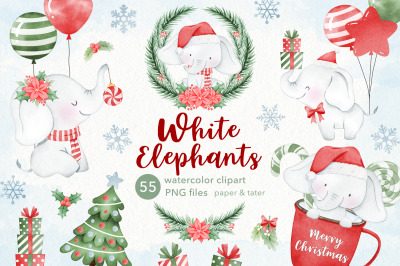 Watercolor White Elephants Christmas Clipart, Cute Xmas Animals PNG