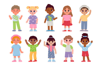 Happy diverse kids characters waving hands and greeting. Cartoon child