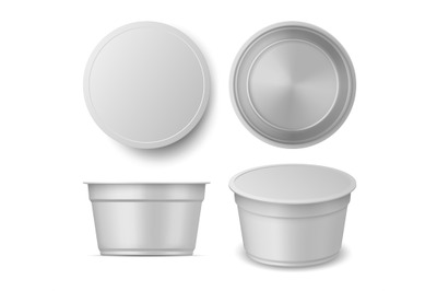 Realistic yogurt or ice cream container cup mockup views. Blank plasti