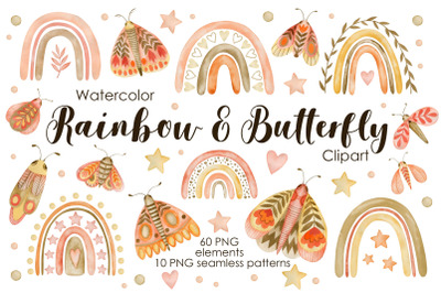 Watercolor boho rainbow &amp; butterfly. Seamless patterns.